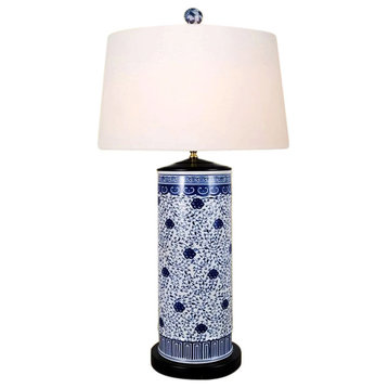 Chinese Blue and White Porcelain Round Vase Floral Vine Table Lamp 32"