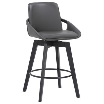 Baylor Swivel Wood Stool, Faux Leather, Gray/Black, 26" Counter Height