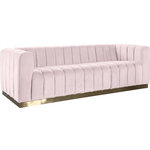 Meridian Furniture - Marlon Velvet Upholstered Sofa, Pink - Seat guests in the epitome of comfort and style with this Marlon velvet sofa. This piece is just the thing to showcase your modish style while ensuring total enjoyment from all who are lucky enough to relax on its channel tufted seats. The soft pink velvet upholstery adds a beautiful touch to your space and feels great against your skin while the brushed gold stainless steel base lends it a contemporary finish.