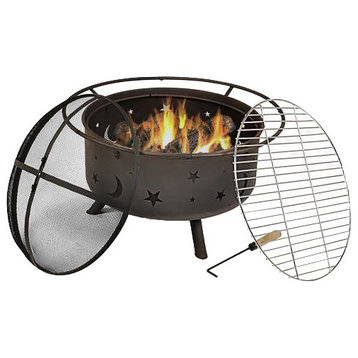 Sunnydaze Cosmic Fire Pit With Cooking Grill and Spark Screen, 30"