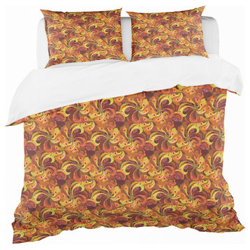 Golden Orange Red Peacock Feathers Bohemian Eclectic Bedding, Twin