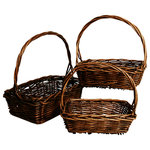 Wald Imports, Ltd. - Wald Imports Brown Willow Decorative Nesting Storage Baskets, Set of 3 - Rectangular Stained Brown Willow Baskets with Handles, Set of 3. This gorgeous basket set features a rich dark stain, braided rim with lenghtwise rolled handle. Create attractive gift baskets for family and friends. Or use as storage and organization for magazines, crafts or anything else that needs a home. Possibilities are endless! Your package will contain 3 baskets; one of each of the three sizes. Large basket dimensions are 13.5-inches by 9.25-inches across inside top diameter, 4.75-inches deep and 14.5-inches tall with handle. Small basket dimensions are 10.5-inches by 7.25-inches across inside top diameter, 3.5-inches deep and 9.5-inches tall with handle.Imported.