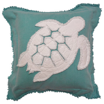 Coastal Frayed Edge Euro Pillow, Caribbean Blue, White Sea Turtle