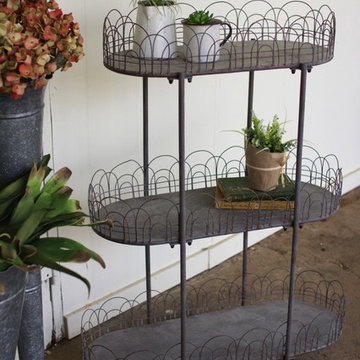 Three Tiered Metal Shelving Unit with Wire Detail