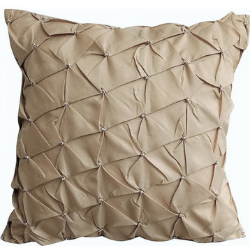 Beige Throw Pillow Cover, Pintuck with Beads Taffeta 16"x16" Silk,Desert Texture
