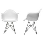 Interior Trade Furniture - Wire Base Armchairs, White Eiffel Armchairs, Set of 2 - This versatile, contemporary Eiffel Wire Base Arm Chair is a barebones take on the shape of an armchair. The seat is made from a very heavy-duty, strong plastic with a matte finish and is supported by an equally strong steel base, which is covered with a layer of high-shine chrome. Four black feet are included to protect hardwood flooring. Very up-to-date, your inner sense of style will revel in the trendiness of this chair. Assembly is required.