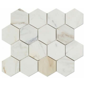 11.63"x11" Calacatta Gold Italian Calcutta Marble Honed Hexagon Mosaic Tile
