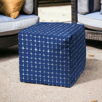 17" Blue and White Polyester Cube Geometric Indoor Outdoor Pouf Ottoman