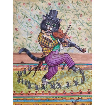 Tile Mural Cat Mouse By Louis Wain Pet Violin Dance Roundelay, 6"x8", Matte