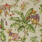 Monkey Fabric Tropical Jungle, Standard Cut - A monkey fabric. A tropical jungle monkey fabric. Colors are many shades of jungle green and brown with mustard, gold, and yellow, red, salmon, and purple. There has been over-printing, so many colors are seen. The background is beige. The effect is of jungle greens with shades of brown, mustard, golds, yellow, red, salmon, and purple, on beige.