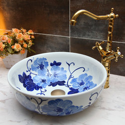 Handmade blue flower ceramic art vessel sink - Bathroom Sinks
