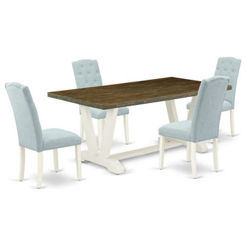 East West Furniture V-Style 5-piece Dining Set in Linen White/Baby Blue