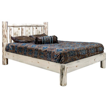 Montana Woodworks Wood Queen Platform Bed with Engraved Wolf Design in Natural