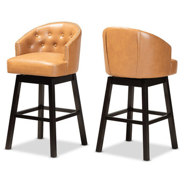 Theron Tan Faux Leather Upholstered Dark Brown Wood 2-Piece Swivel Bar Stool Set