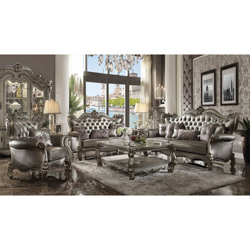 ACME Versailles Sofa with 6 Pillows, Silver PU and Antique Platinum