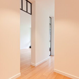 Idéer för att renovera en liten vintage hall, med vita väggar och ljust trägolv