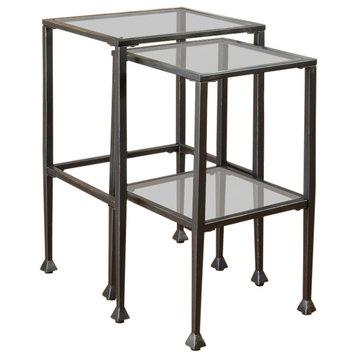 Benzara BM160100 Set Of 2 Metal Nesting Tables With Glass Top, Black