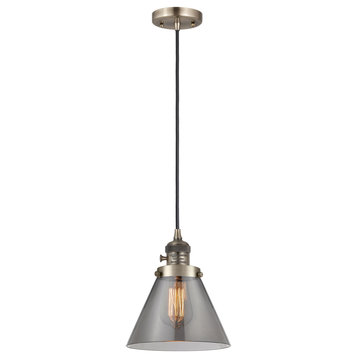Cone Mini Pendant With Switch, Antique Brass, Plated Smoke