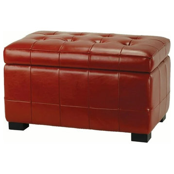 Contemporary Storage Ottoman, Square Stitched Faux Leather Upholstery, Red
