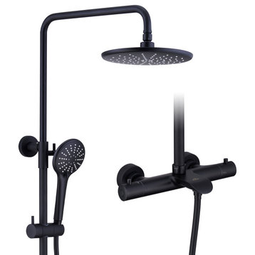Thermostatic Round Shower Faucet Dual Head Waterfall Shower Bar System, Matte Black