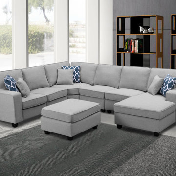 Willowleaf 124" Linen 7Pc Modular Sectional Sofa Chaise and Ottoman