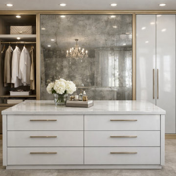 VelArt Custom L-Shape Closet with Island, Hinged Doors and Antique Mirror, FL