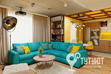 Источник вдохновения для домашнего уюта: изолированная гостиная комната среднего размера в современном стиле с домашним баром, желтыми стенами, паркетным полом среднего тона, горизонтальным камином, фасадом камина из дерева и телевизором на стене