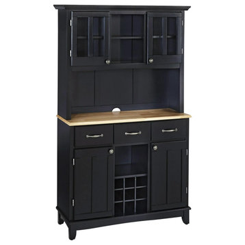 Contemporary Sideboard With Hutch, Multiple Storage & Natural Wood Top, Black