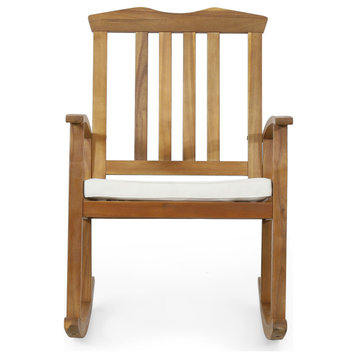 Kessler Outdoor Acacia Wood Rocking Chair With Cushion, Teak and Beige