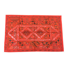 Mogulinterior - Indian Vintage Style Red Sari Tapestry with Miror Patchwork Wall Decor Throw - Tapestries