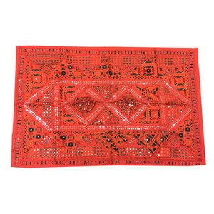 Mogulinterior - Indian Vintage Style Red Sari Tapestry with Miror Patchwork Wall Decor Throw - Tapestries