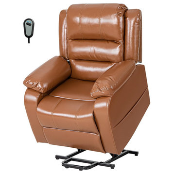 Power Lift Recliner, Massager PU Leather Upholstered Seat & Remote, Light Brown