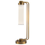 Alora Lighting - Wynwood 22" Table Lamp, 1 x 60W, E26, Vintage Brass/Glossy Opal Glass - Introducing the Wynwood 22" Table Lamp, available in Vintage Bronze/Glossy Opal Glass or Urban Bronze/Glossy Opal Glass. Embracing the beauty of industrial hardware and delicate opal glass, this piece reimagines vintage aesthetics with a modern twist. Inspired by vintage machinery components, it infuses any space with a timeless charm. The meticulously crafted metal loops further exemplify the distinctive character of the Wynwood collection.