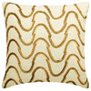 Designer 16"x16" Beaded Waves Sequins Beige Linen Pillow Covers, Waving Gold