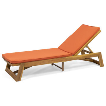 Charlotte Outdoor Acacia Wood Chaise Lounge and Cushion Set, Orange
