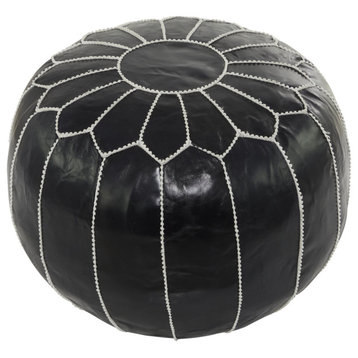 Farmhouse Pouf, Genuine Leather Upholstery & White Floral Stitching, Black