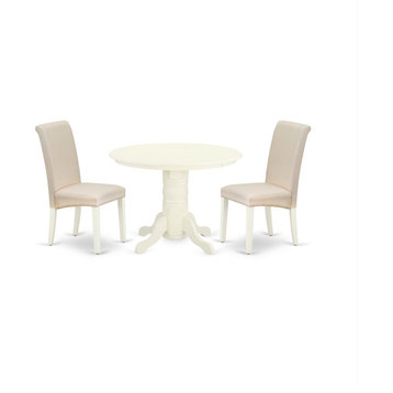 3-Piece Dinette Set, Round Dining Table, 2-Parson Chairs, Cream Fabric, White