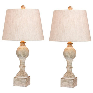 26.5" Distressed Column Resin Table Lamp, Set Of 2, Cottage Antique White