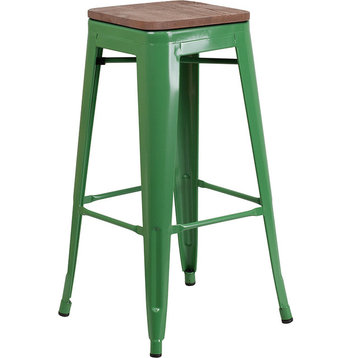 30" High Backless Green Metal Barstool With Square Wood Seat