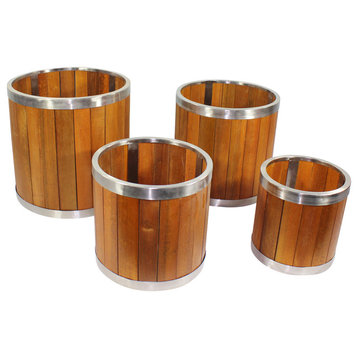 16 Inch Round Wooden Planter with Stainless Steel Trim