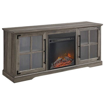 Rustic Farmhouse TV Stand, Fireplace & Cabinets With Glass Doors, Grey