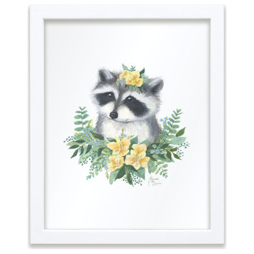 "Woodland Littles 1" Raccoon Individual Framed Print, White, 16"x20"