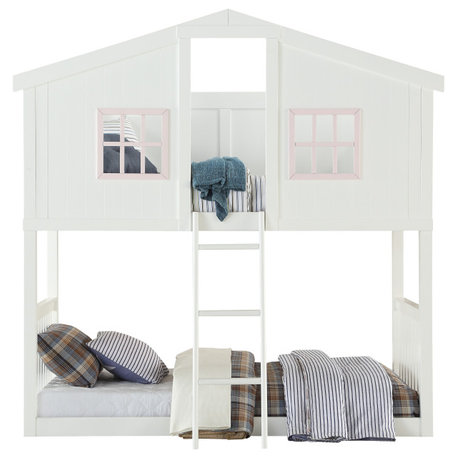 ACME Rohan Cottage Twin over Twin Bunk Bed, White and Pink