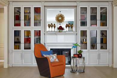 Transitional formal and open concept light wood floor and beige floor living room photo in Moscow with beige walls and a standard fireplace
