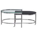 Bassett Mirror - Hensley Steel and Marble Black Bunching Geometric Cocktail Table - Hensley Steel and Marble Black Bunching Geometric Cocktail Table  Meet the Hensley Cocktail Table, a stylish representation of glam-inspired design. This two-piece nesting table set features half-oval shaped frames in a satin-nickel finish, adding a touch of sophistication to your living area. The taller table is adorned with a clear, tempered glass top, while the nesting table showcases a beautiful black marble top. With added casters for easy movement, the Hensley Cocktail Table combines both elegance and practicality, making it a fine addition to your home decor.