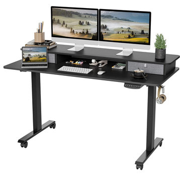 Electric Desk, Adjustable Height and Raised Stand With 2 Drawers, Black