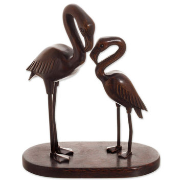 Novica Handmade Couple Of Flamingos Mahogany Wood Sculpture