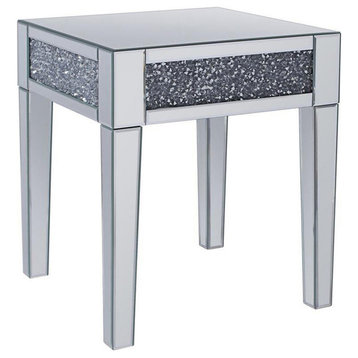 Wood And Mirror End Table With Faux Crystals Inlay, Clear