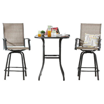 3 Pieces Bistro Set, Glass Top Table and Swiveling Stools With Mesh Seat, Khaki