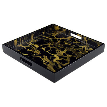 Lacquer Square Tray, Black, Gold Marble